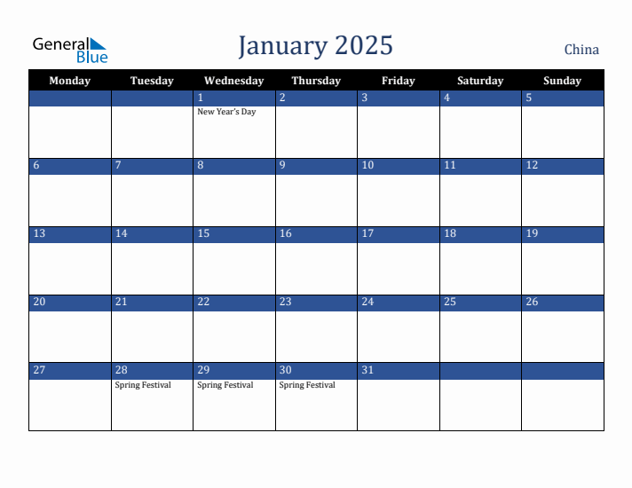 January 2025 China Monthly Calendar with Holidays