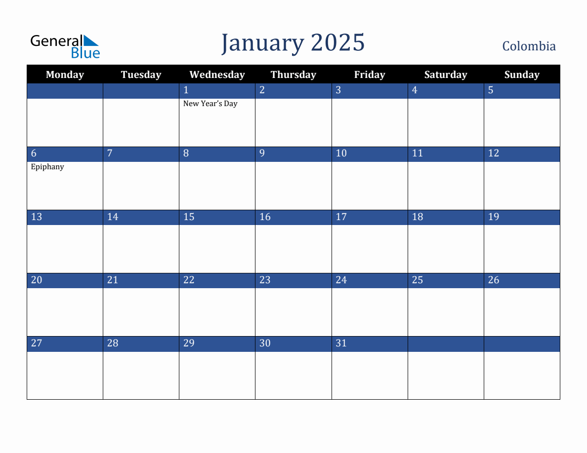 January 2025 Colombia Holiday Calendar