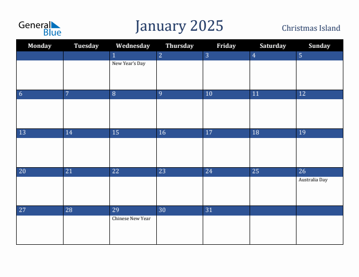 January 2025 Christmas Island Calendar (Monday Start)
