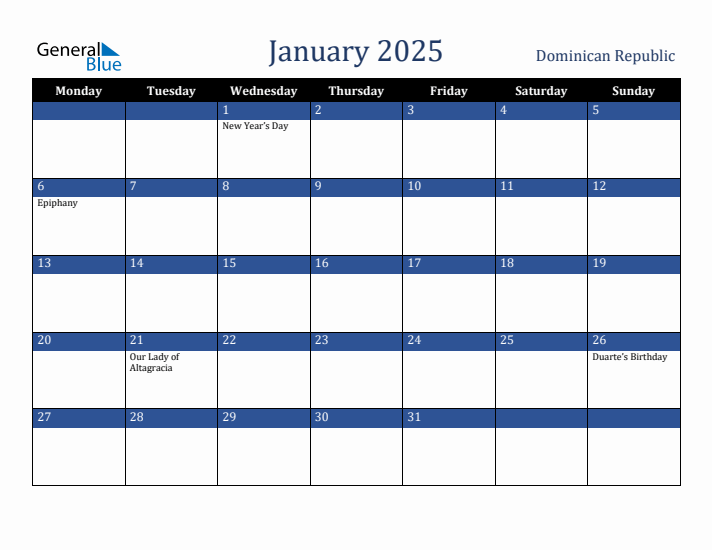 January 2025 Dominican Republic Calendar (Monday Start)