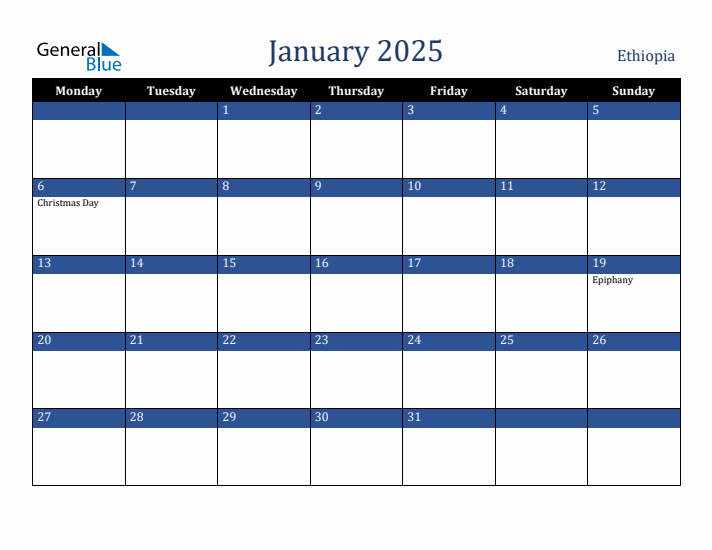 January 2025 Ethiopia Calendar (Monday Start)