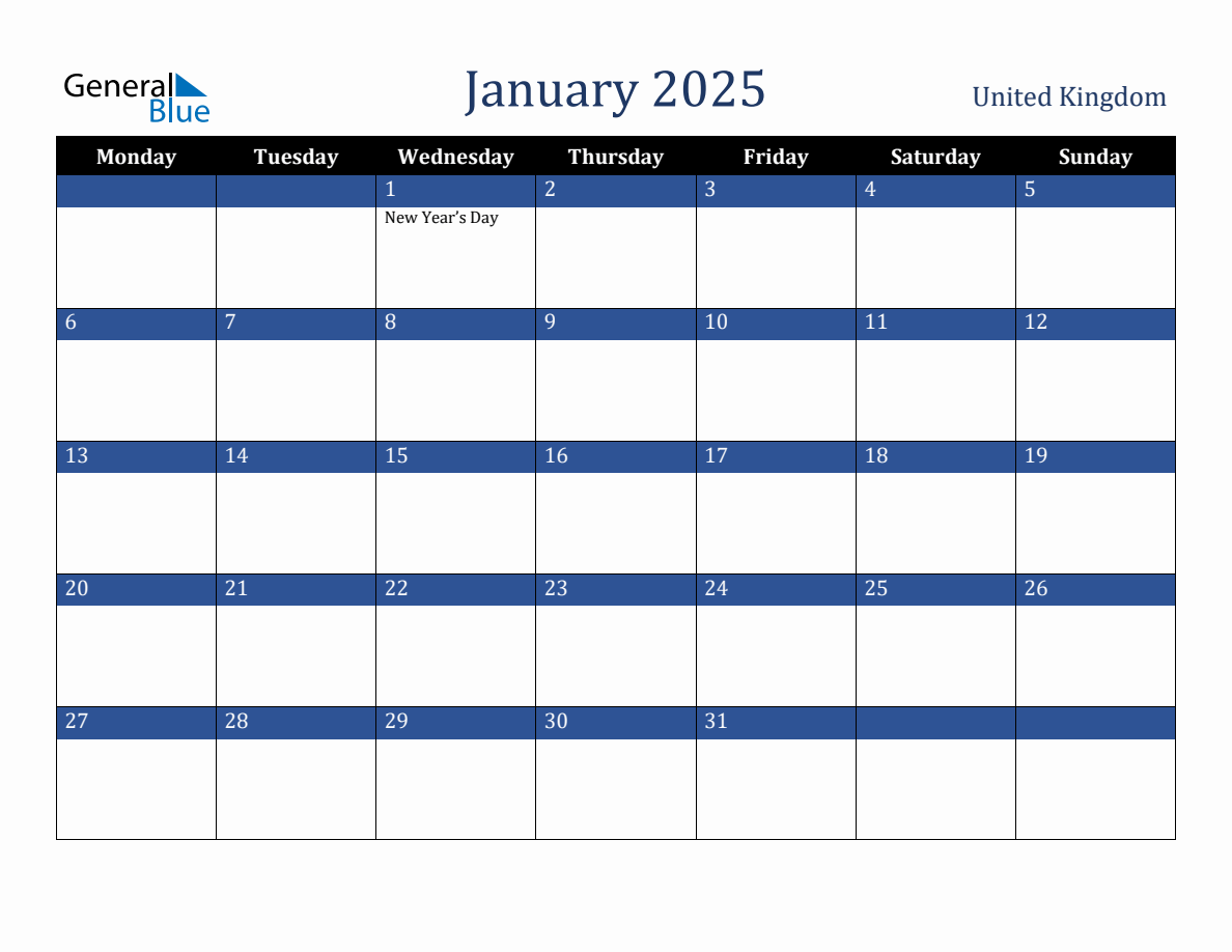 January 2025 United Kingdom Holiday Calendar