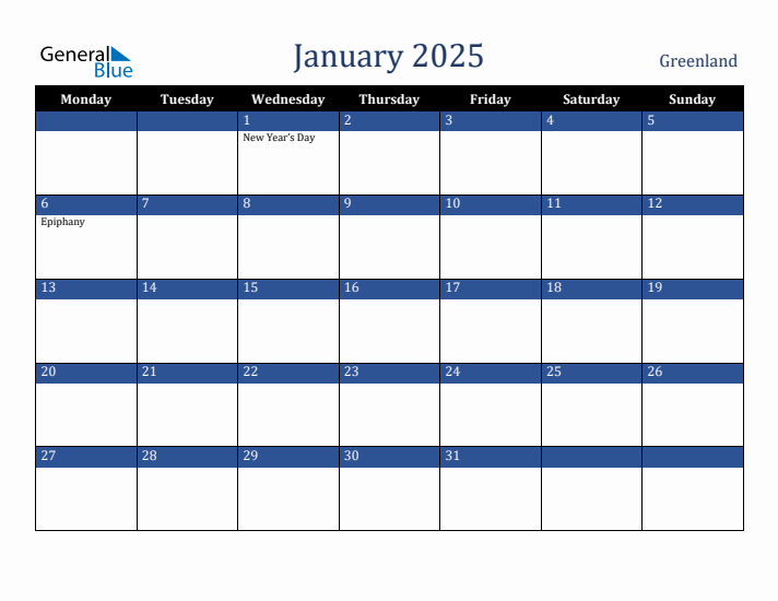 January 2025 Greenland Calendar (Monday Start)