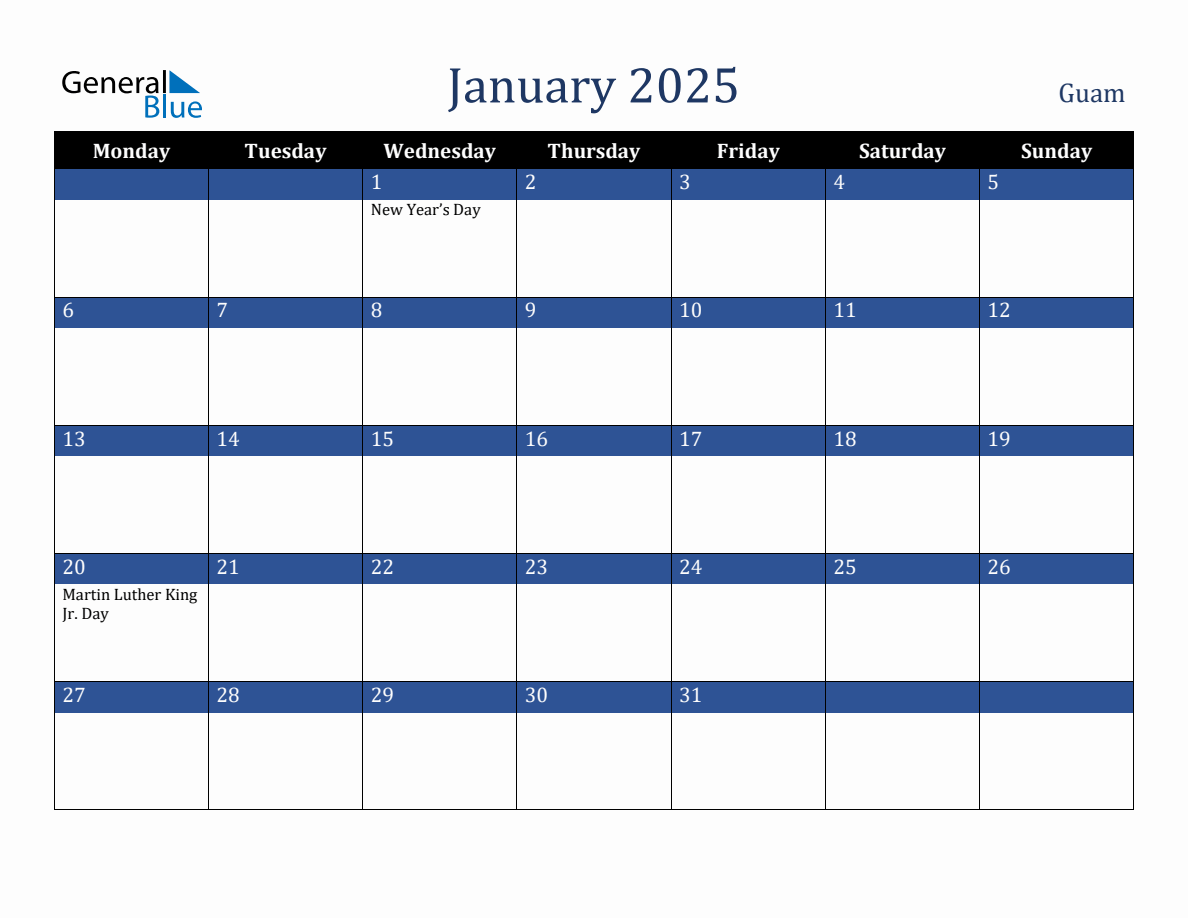 January 2025 Guam Holiday Calendar