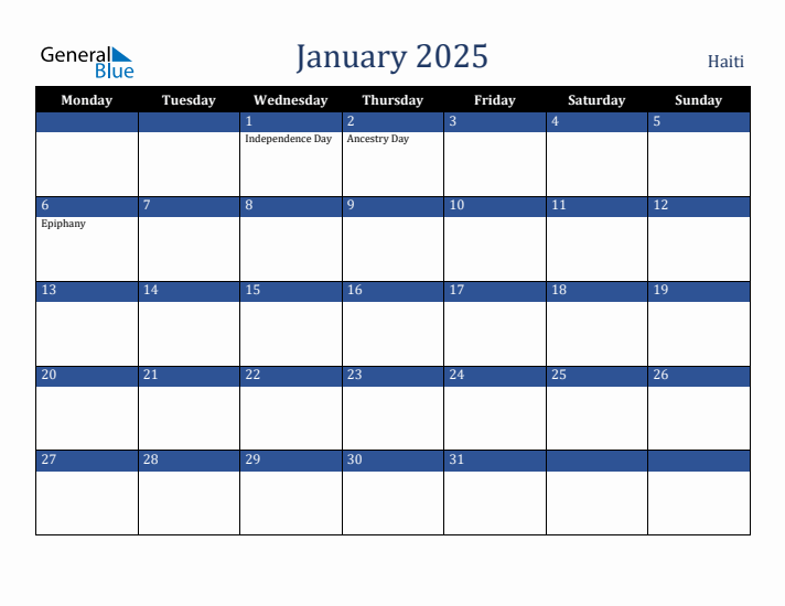 January 2025 Haiti Calendar (Monday Start)