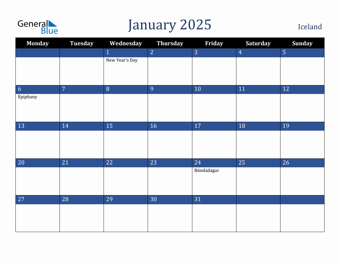 January 2025 Iceland Holiday Calendar