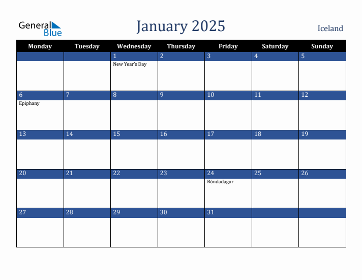 January 2025 Iceland Calendar (Monday Start)