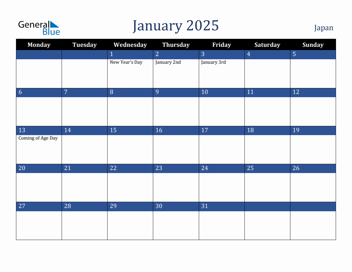 January 2025 Japan Holiday Calendar