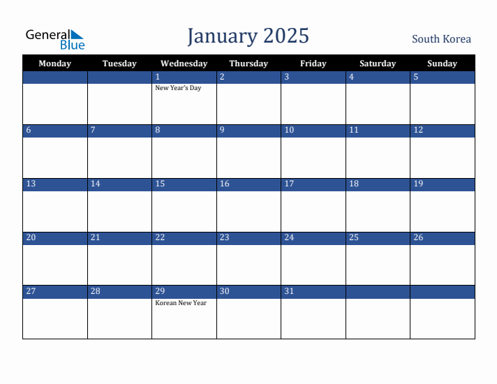 January 2025 South Korea Calendar (Monday Start)