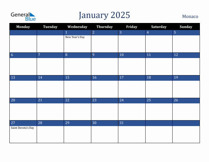 January 2025 Monaco Calendar (Monday Start)