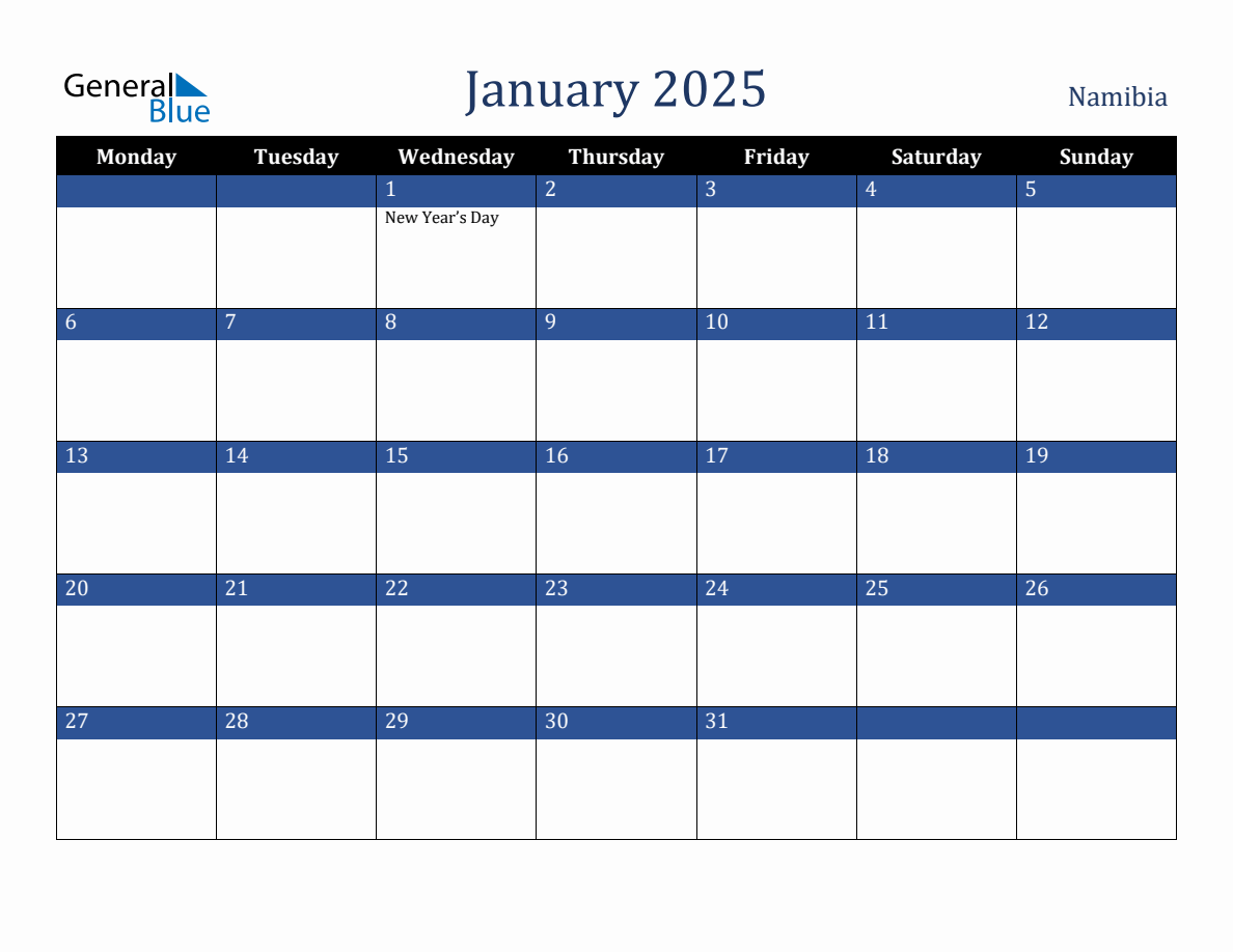 January 2025 Namibia Holiday Calendar