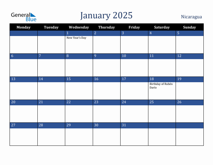 January 2025 Nicaragua Calendar (Monday Start)