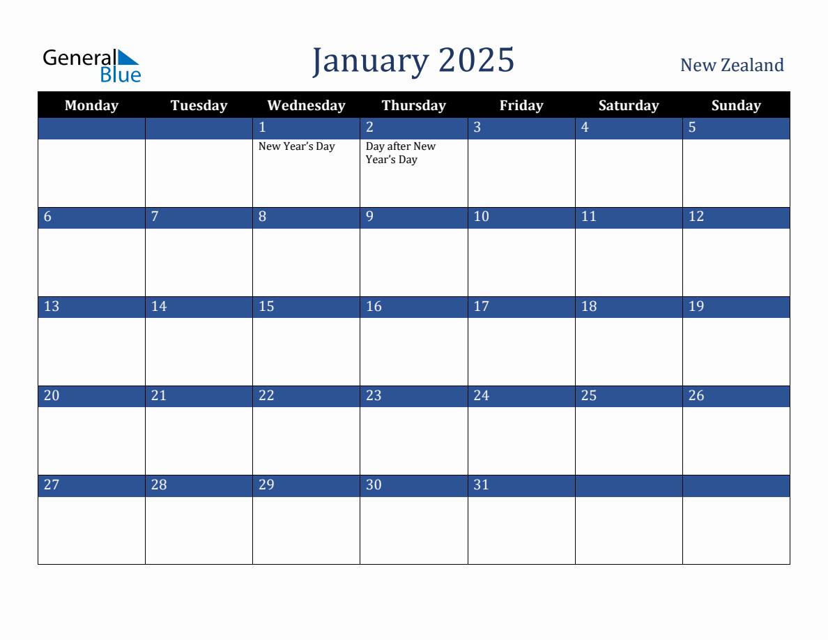 January 2025 New Zealand Holiday Calendar