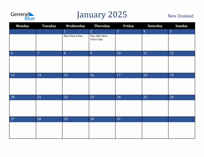 January 2025 - New Zealand Monthly Calendar with Holidays