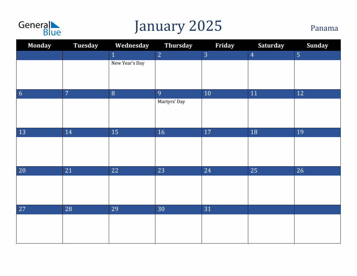 January 2025 Panama Holiday Calendar