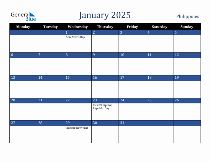 January 2025 Philippines Calendar (Monday Start)