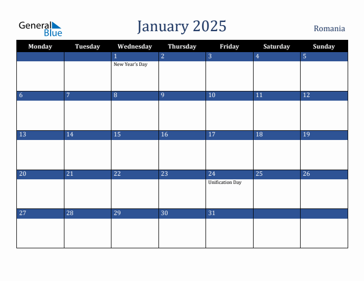 January 2025 Romania Calendar (Monday Start)