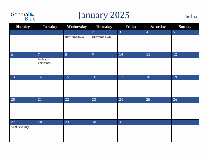 January 2025 Serbia Calendar (Monday Start)