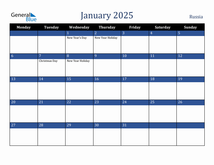 January 2025 Russia Calendar (Monday Start)