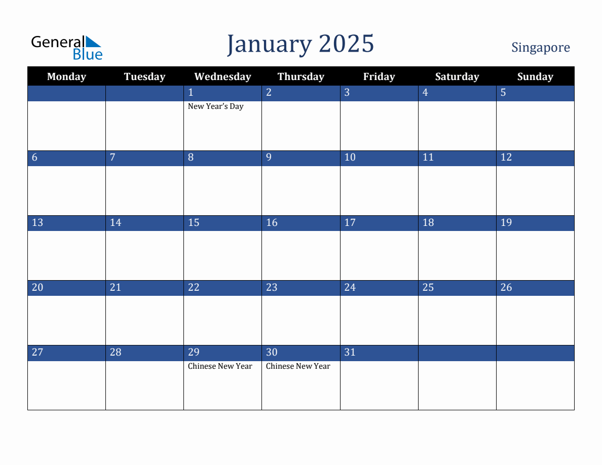 January 2025 Singapore Holiday Calendar