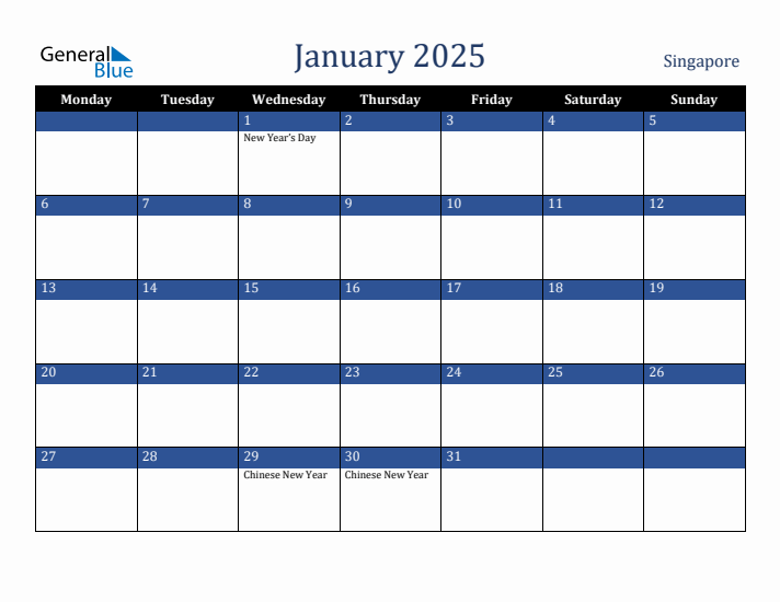 January 2025 Singapore Calendar (Monday Start)