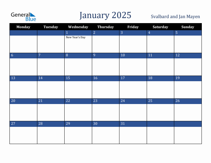 January 2025 Svalbard and Jan Mayen Calendar (Monday Start)