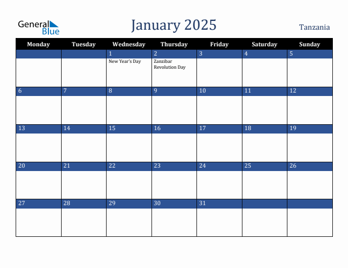 January 2025 Tanzania Calendar (Monday Start)