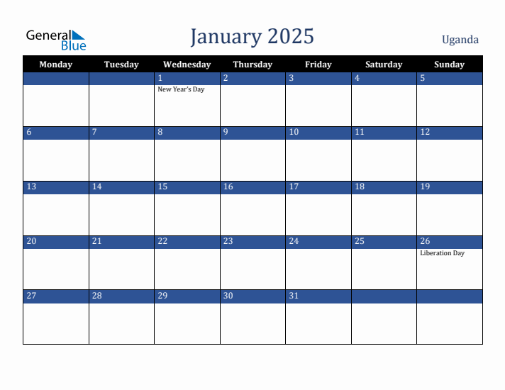 January 2025 Uganda Calendar (Monday Start)