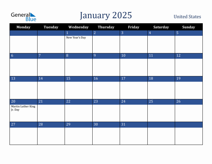 January 2025 United States Calendar (Monday Start)