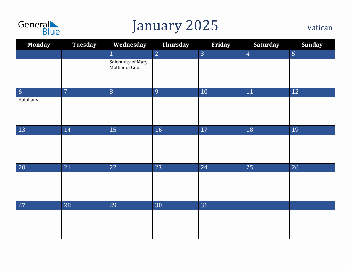 January 2025 Vatican Holiday Calendar