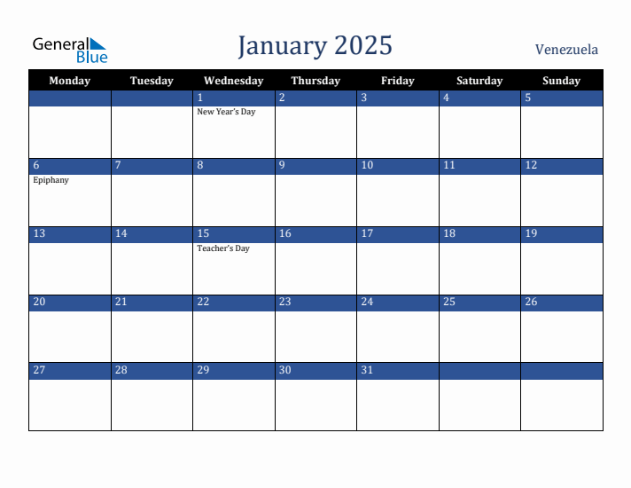 January 2025 Venezuela Calendar (Monday Start)