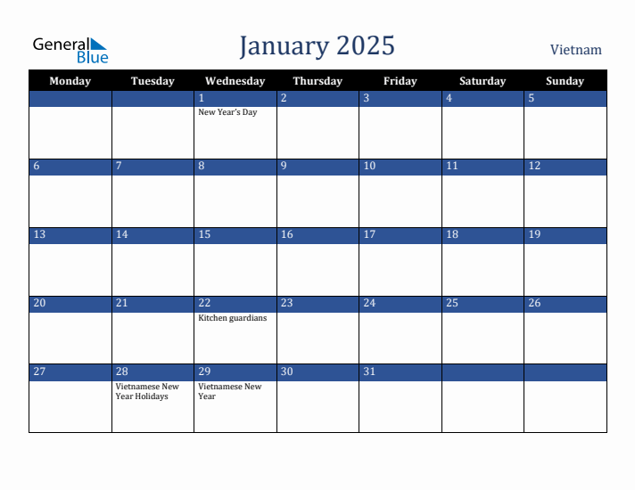 January 2025 Vietnam Calendar (Monday Start)