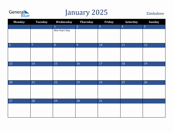January 2025 Zimbabwe Calendar (Monday Start)