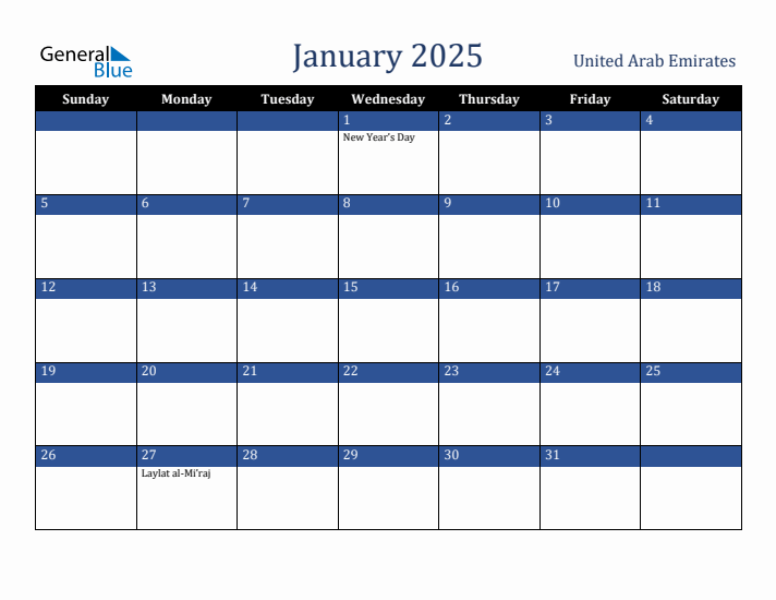 January 2025 United Arab Emirates Calendar (Sunday Start)