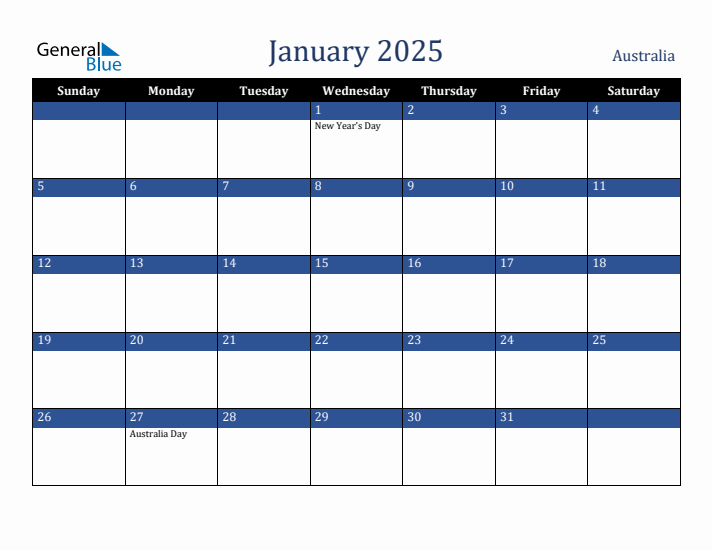 January 2025 Australia Holiday Calendar