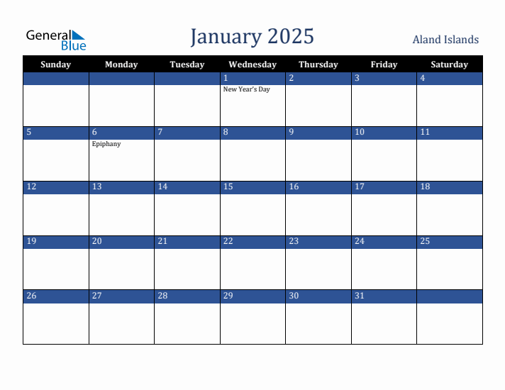 January 2025 Monthly Calendar with Aland Islands Holidays