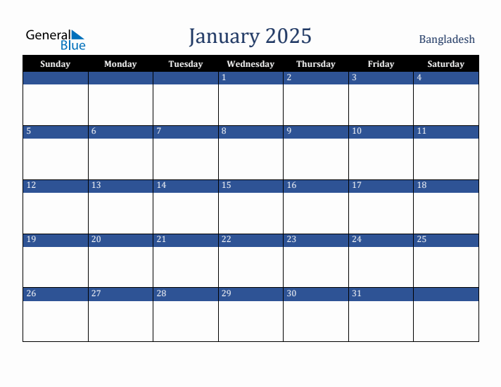January 2025 Bangladesh Calendar (Sunday Start)