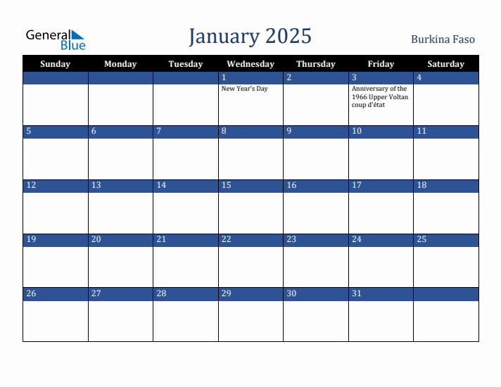 January 2025 Burkina Faso Calendar (Sunday Start)