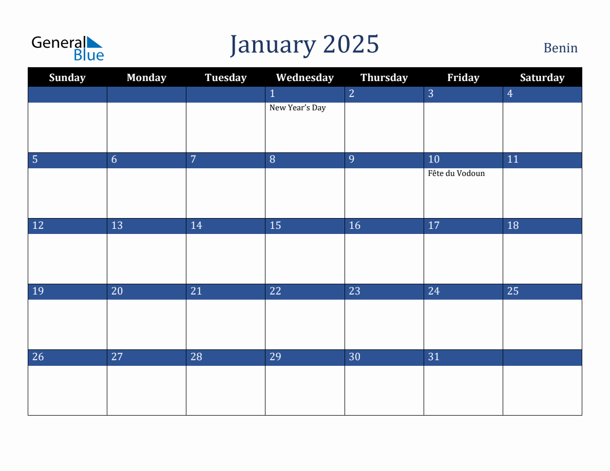 January 2025 Benin Holiday Calendar