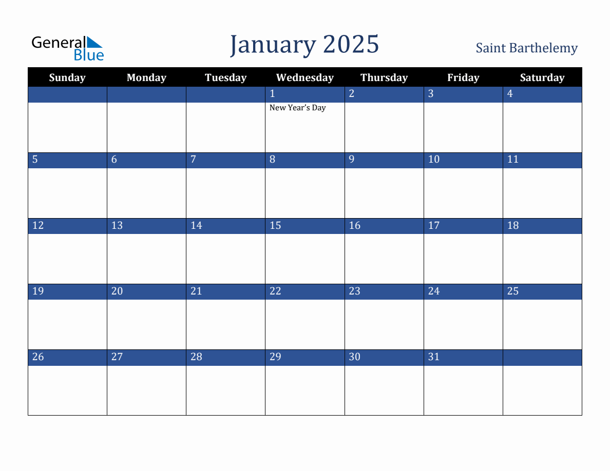 January 2025 Saint Barthelemy Holiday Calendar