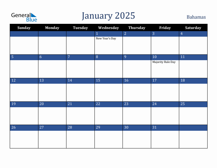 January 2025 Bahamas Calendar (Sunday Start)