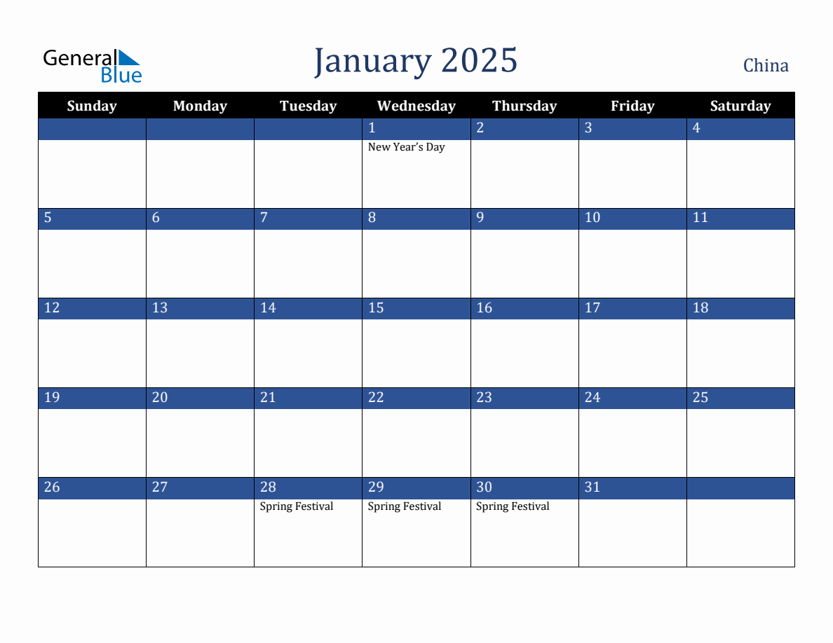 January 2025 China Holiday Calendar
