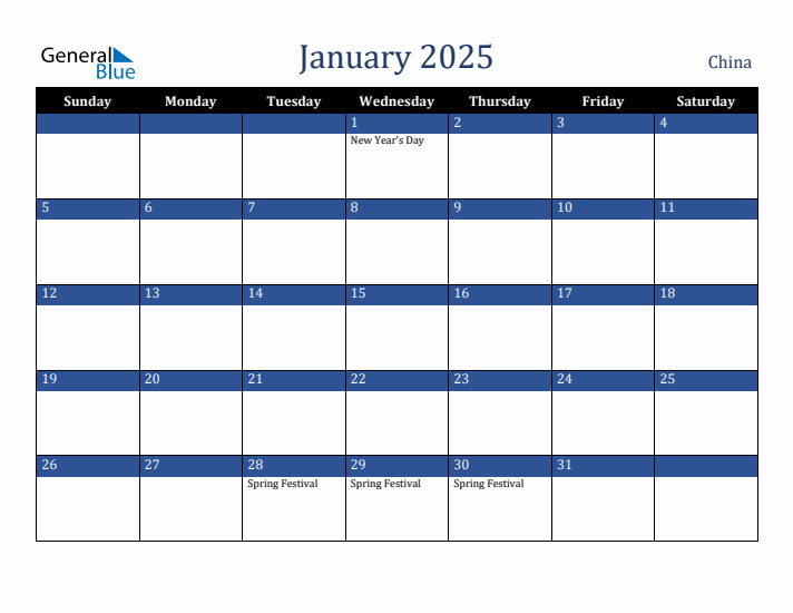 January 2025 China Calendar (Sunday Start)