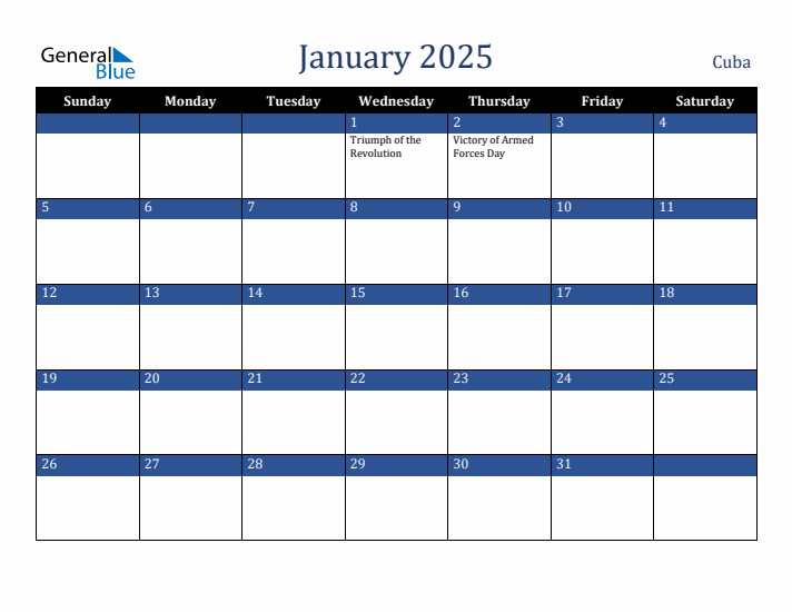 January 2025 Monthly Calendar with Cuba Holidays