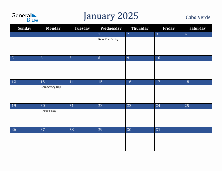 January 2025 Cabo Verde Calendar (Sunday Start)
