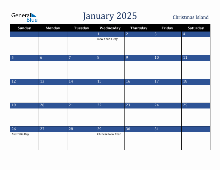 January 2025 Christmas Island Calendar (Sunday Start)