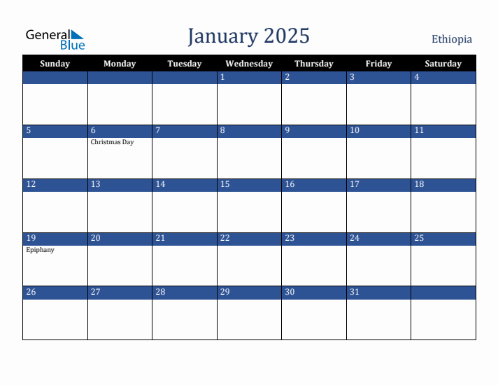January 2025 Ethiopia Calendar (Sunday Start)