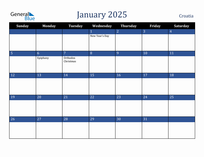 January 2025 Croatia Calendar (Sunday Start)
