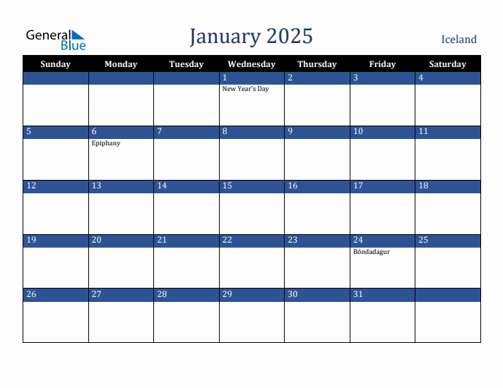 January 2025 Iceland Calendar (Sunday Start)