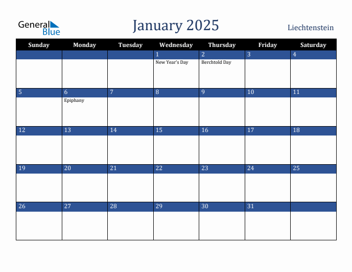 January 2025 Liechtenstein Calendar (Sunday Start)